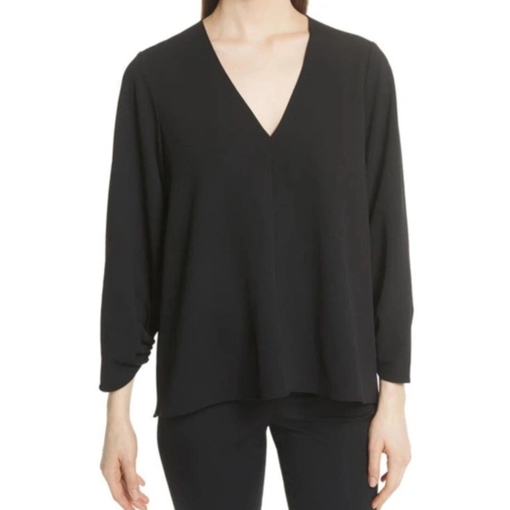 Tibi Black Shirred Sleeves‎ A-Line V-Neck Top Size 10 Work Career